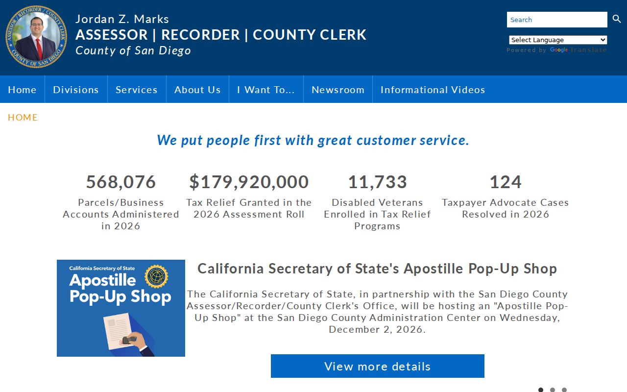 Carlsbad residents directory view of the San Diego County records office hub