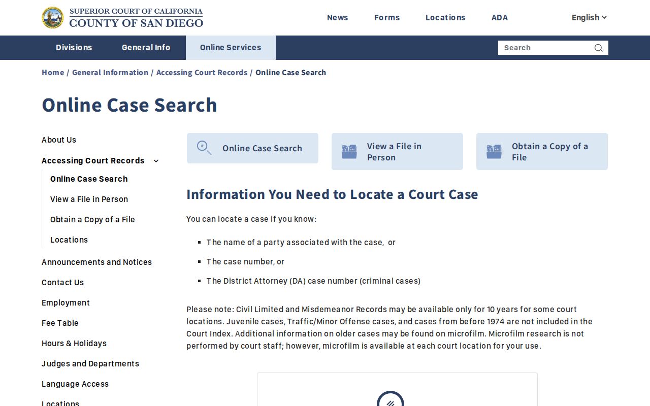 Carlsbad residents directory view of the San Diego Superior Court case index