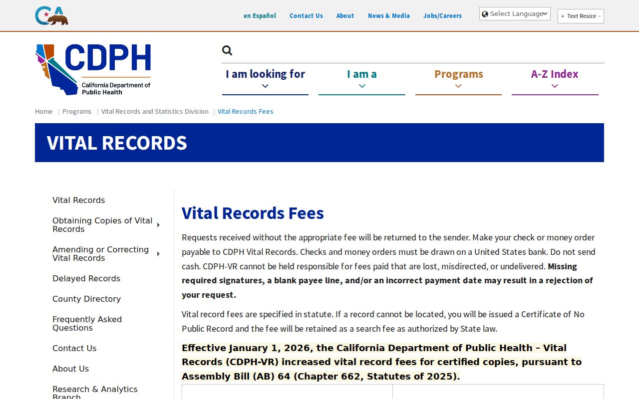 Carlsbad previous residents vital record fees reference