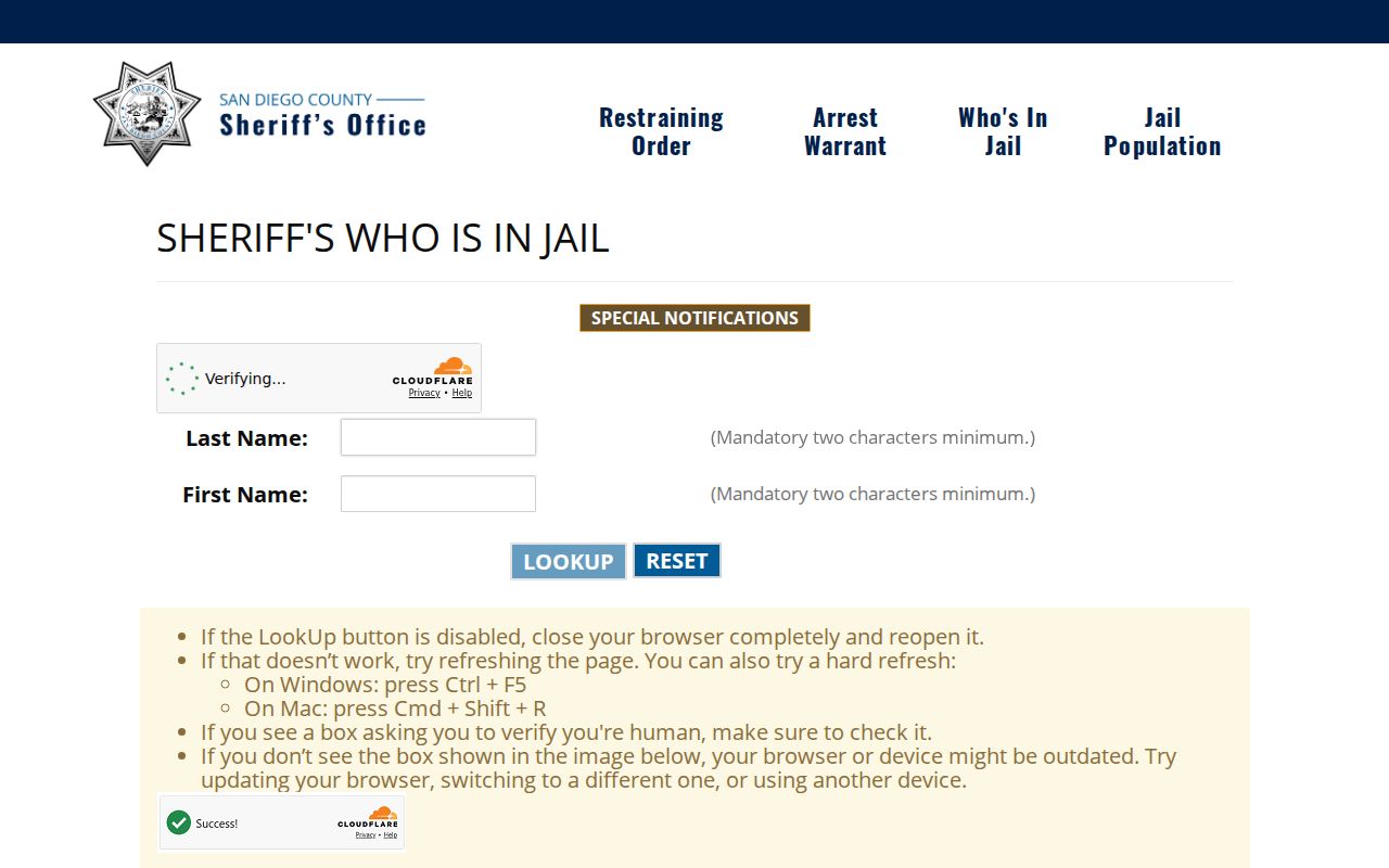Carlsbad resident lookup San Diego County Sheriff custody search