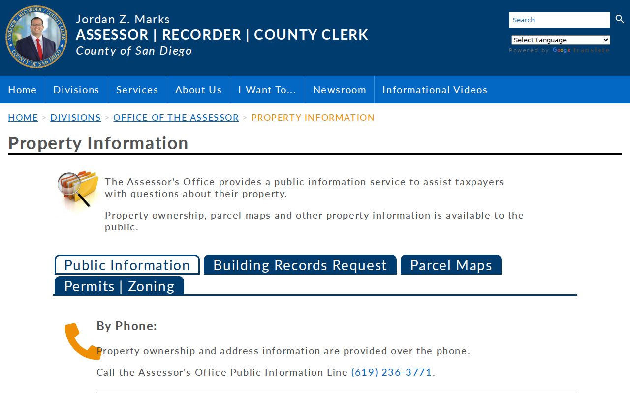 Carlsbad street directory view of San Diego County assessor property information