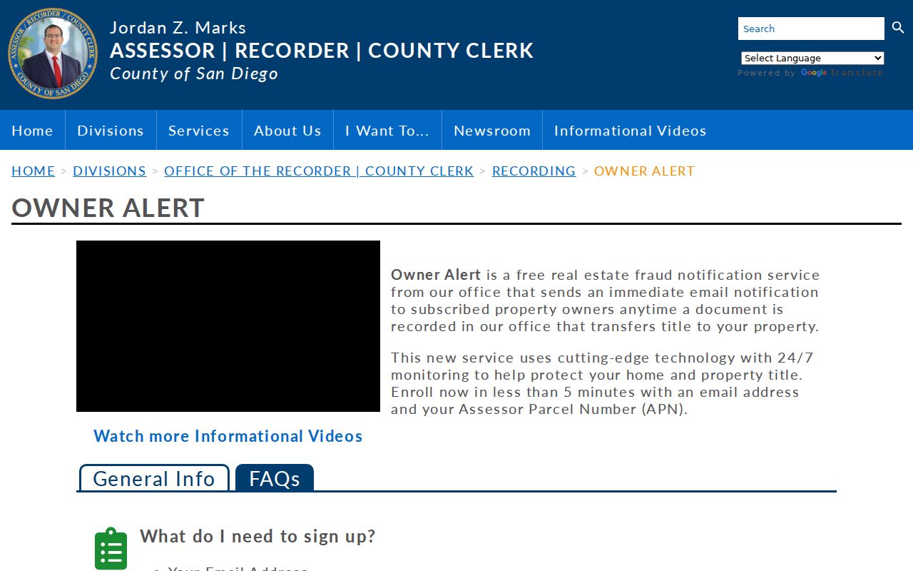 Carlsbad street directory view of the County Owner Alert service