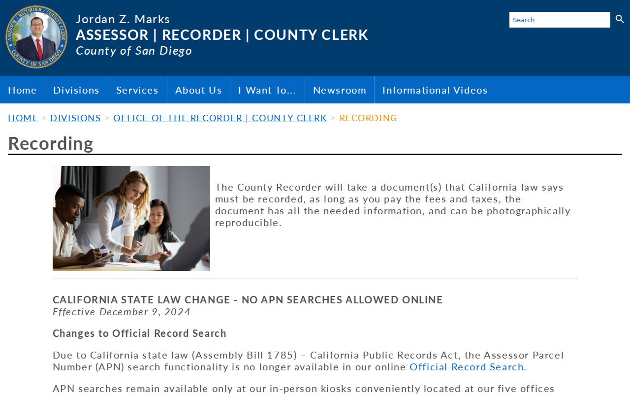 Carlsbad street directory view of San Diego County Recorder deed guidance